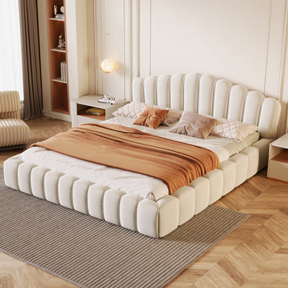 Velvet Upholstered Queen Bed Frame Floor Bed Shell-Shaped,Beige