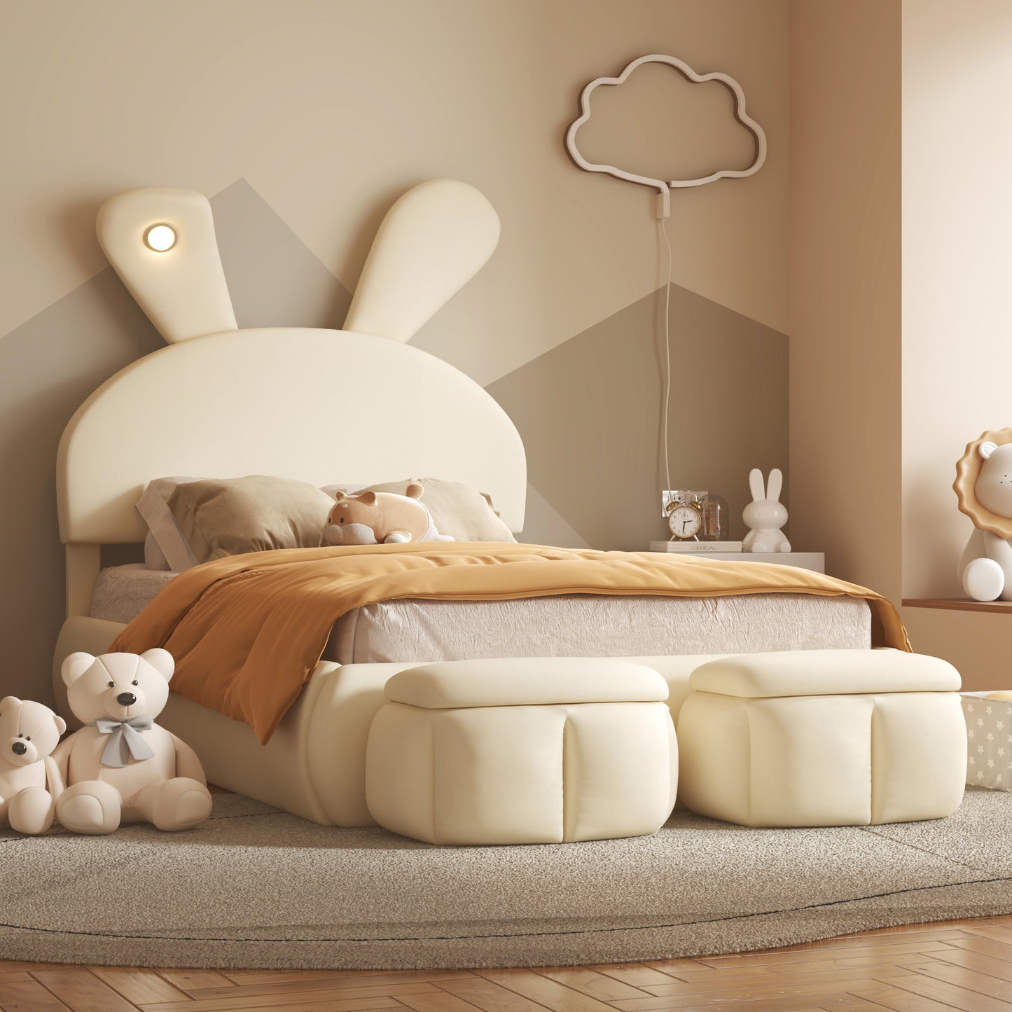 Twin Size Bed with Cartoon Ears Shaped Headboard and Light, Beige