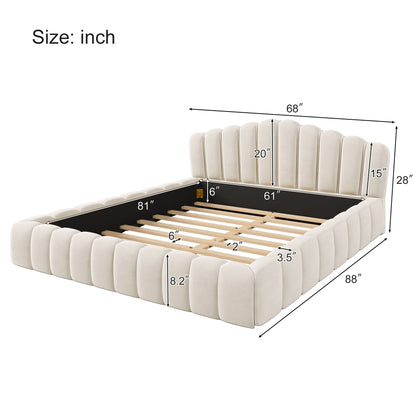 Velvet Upholstered Queen Bed Frame Floor Bed Shell-Shaped,Beige