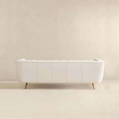 Italian Beige Leather Channel Tufted Sofa