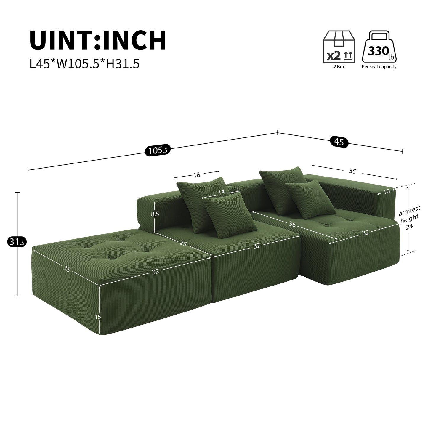 105.5''L Shaped Modular Sectional Sofa,Corduroy Couch Set，Green