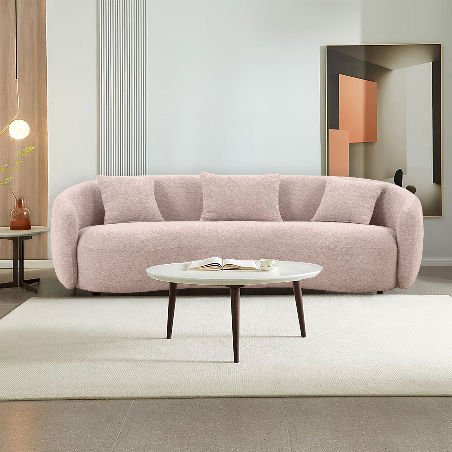 93.6'' Mid Century Modern Curved Living Room Sofa, Baby Pink