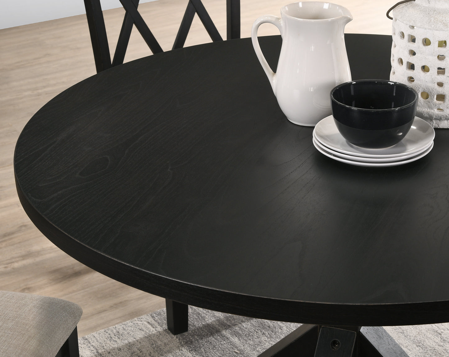 5-Piece Dining Set in Black, Solid Wood Round Table