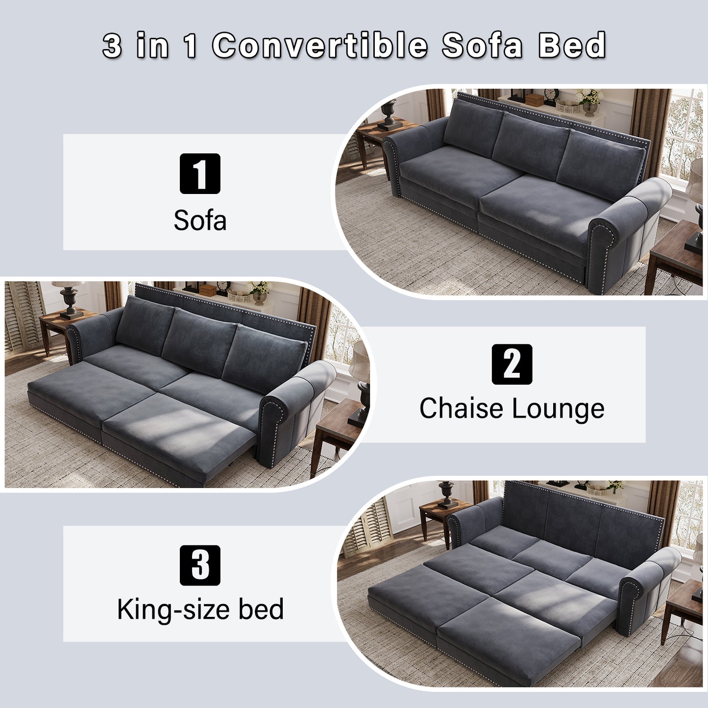 93.7" King Pull Out Sofa Bed, 3-in-1 Velvet, Dark Grey