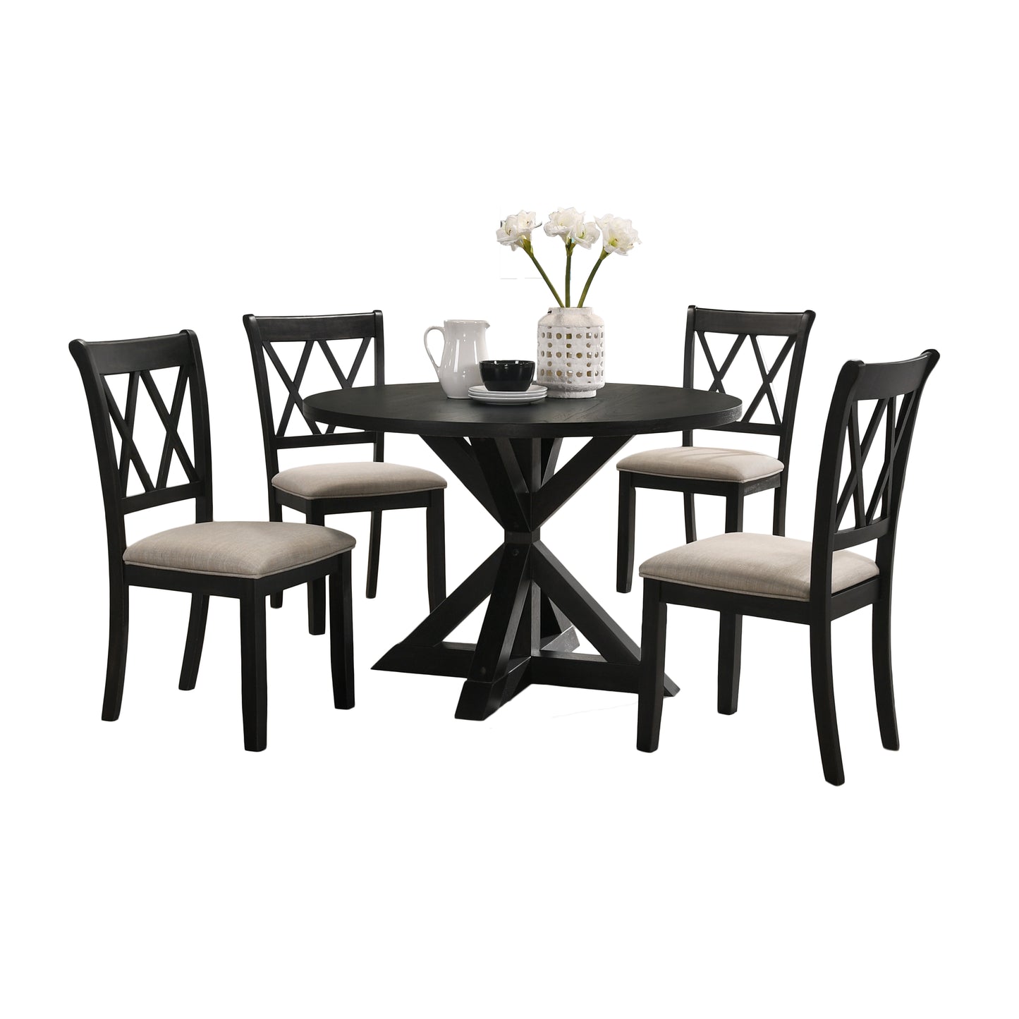 5-Piece Dining Set in Black, Solid Wood Round Table