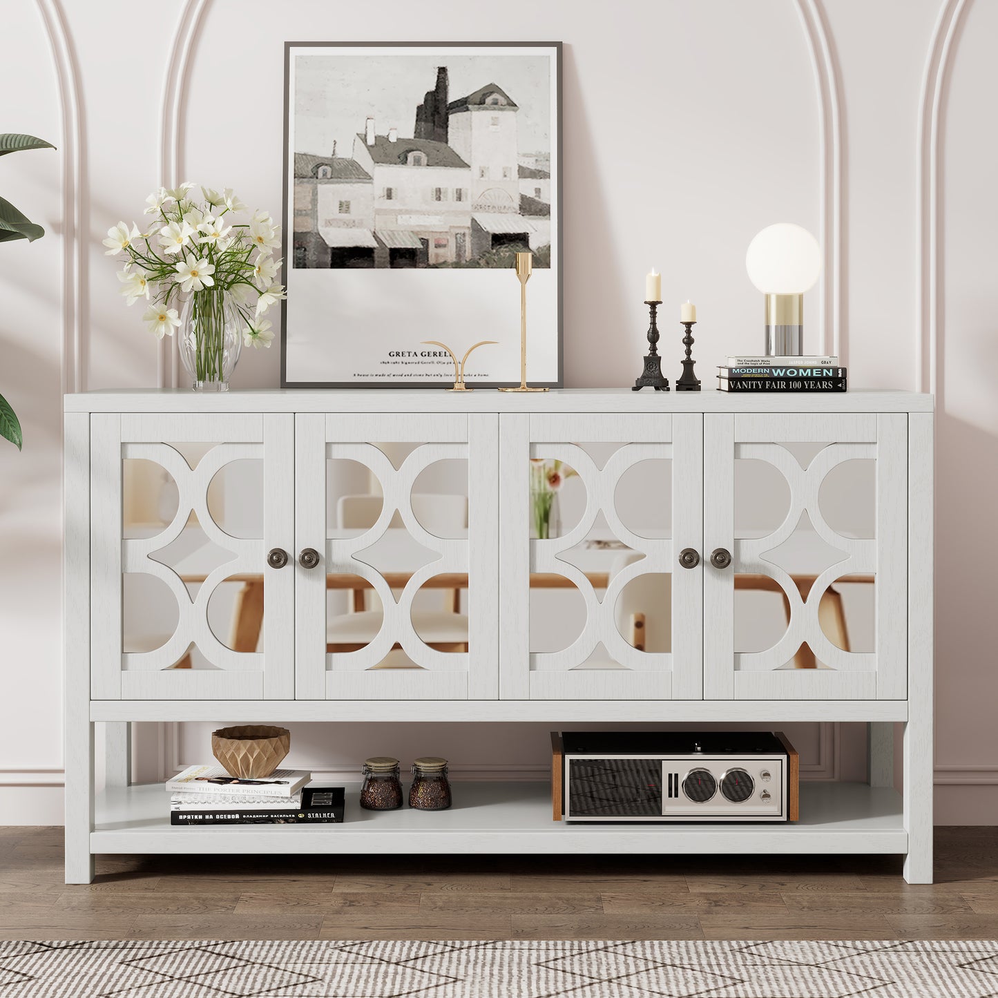 Retro Console Table/Storage Cabinet/Sideboard with Mirrored Doors,White