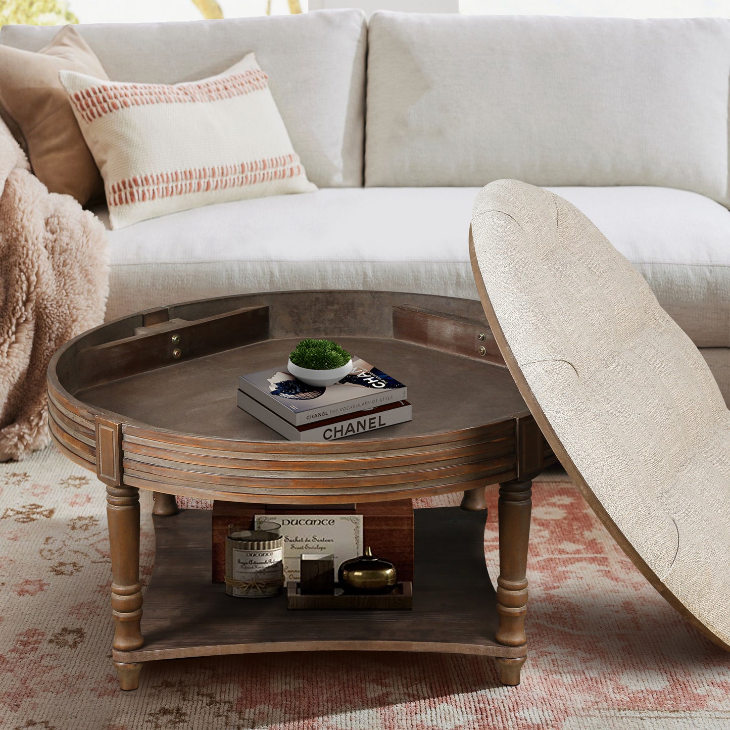 Large Round Waterproof Ottoman Upholstered Coffee Table ,Warm White