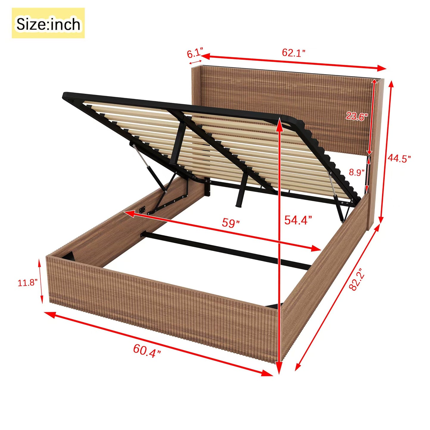 Queen Size Wooden platform bed frame with lift storage,Natural Wood