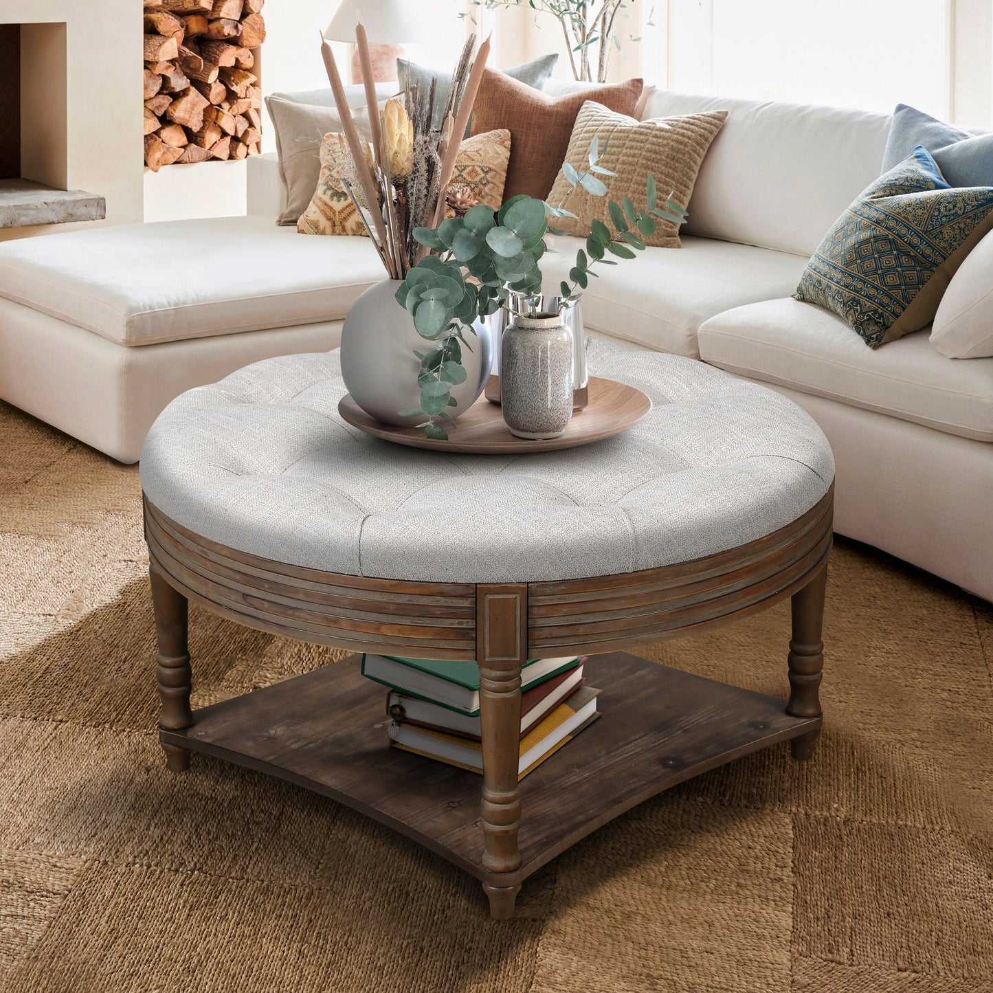 Large Round Waterproof Ottoman Upholstered Coffee Table ,Light Gray