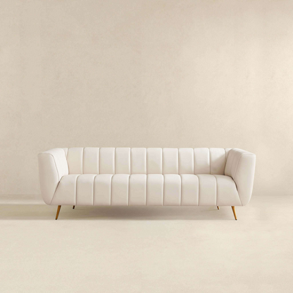 Italian Beige Leather Channel Tufted Sofa