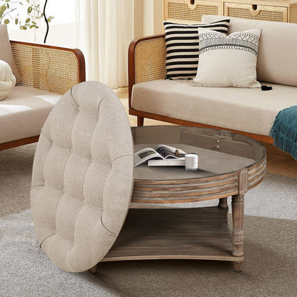 Large Round Waterproof Ottoman Upholstered Coffee Table ,Linen