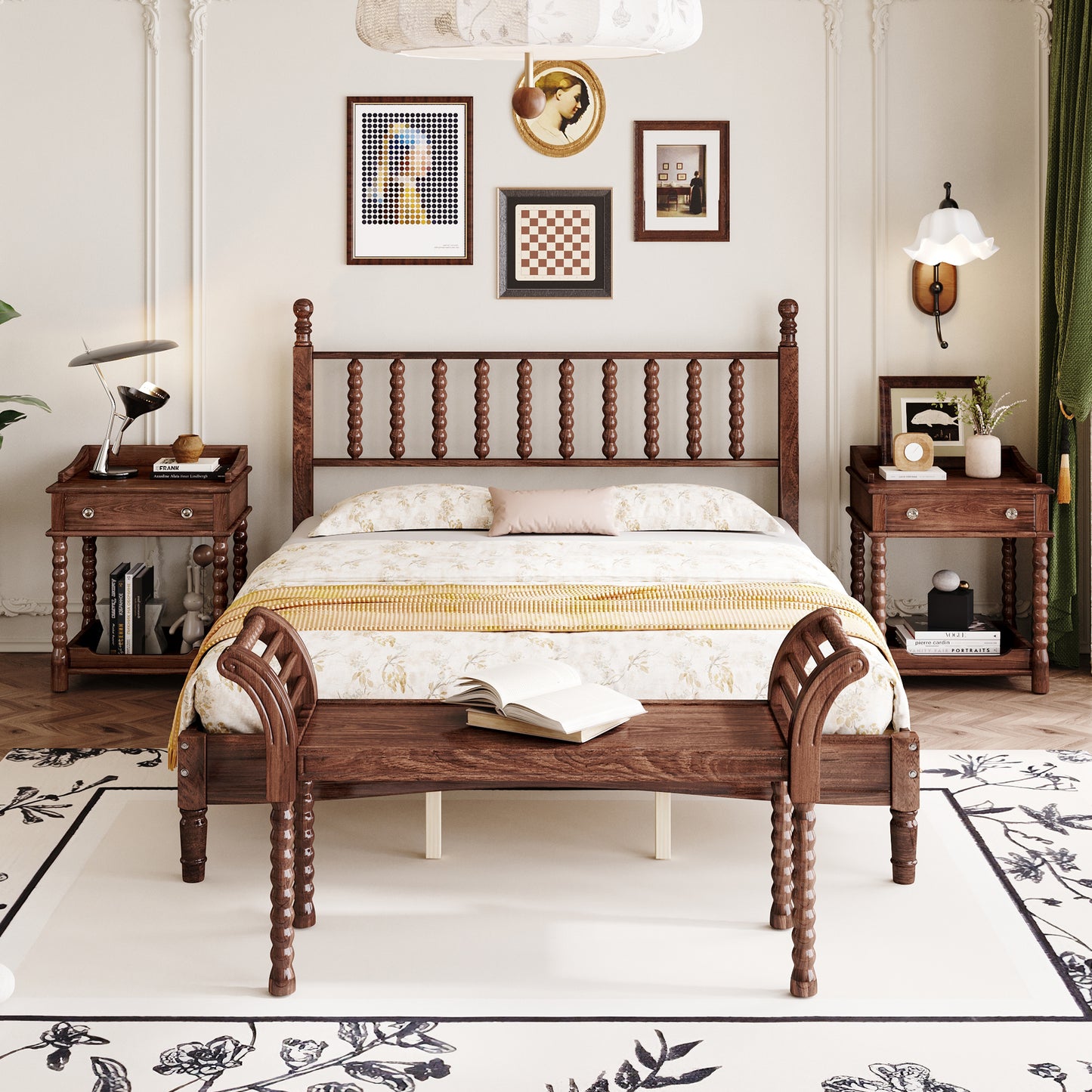 4-Pieces Retro Style Bedroom Sets, Queen Size  Bed , Walnut