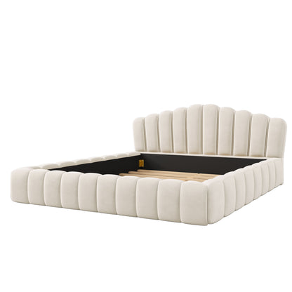 Velvet Upholstered Queen Bed Frame Floor Bed Shell-Shaped,Beige