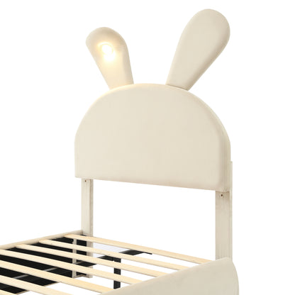 Twin Size Bed with Cartoon Ears Shaped Headboard and Light, Beige