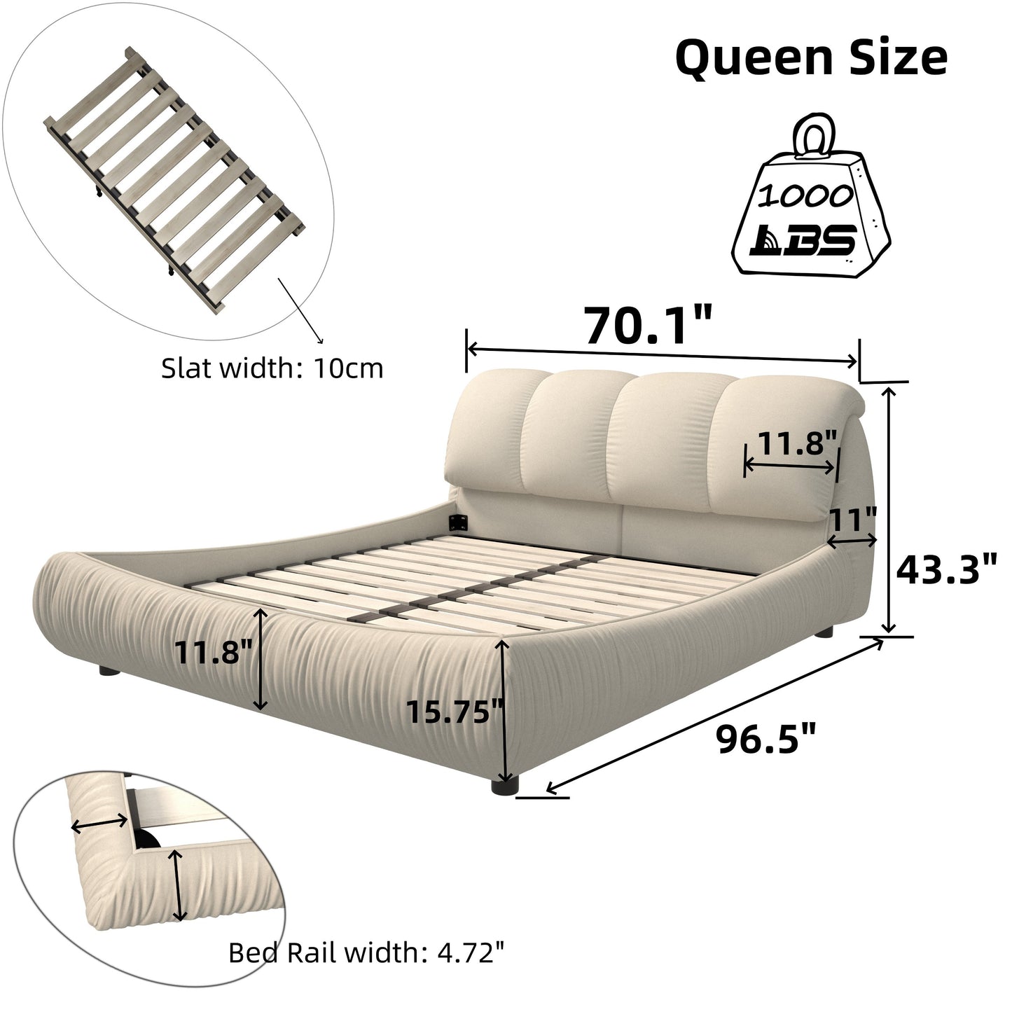 Queen Size  Upholstered Platform Bed with Oversized Padded Backrest ,Beige