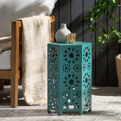 12" Hexagonal side table ,iron-cut design, Teal Color